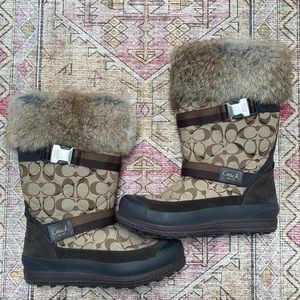 Coach Mariette Fur Trim Canvas Boots Shoes